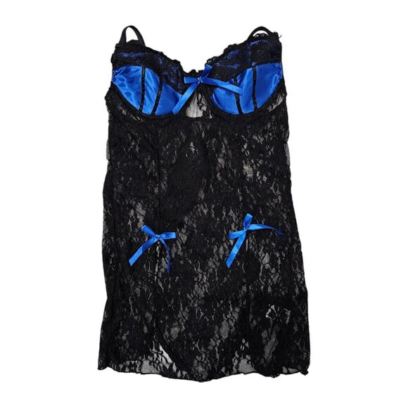 Shirley of Hollywood Intimates New Lace Net Black And Blue Nighty Lingerie Set - Picture 2 of 11